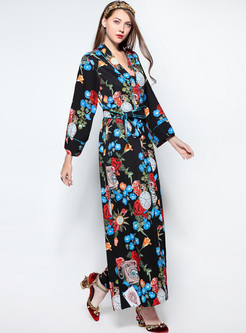 Court Floral Print V-neck Maxi Dress