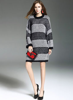 Causal Wide Striped Long Sleeve Knitted Dress