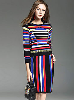 Causal Colorful Striped Long Sleeve Knitted Two-piece Outfits