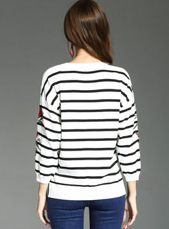 Striped Embroidered Long Sleeve Sweater
