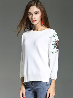 Sequins Embroidered Slit Long Sleeve Knitted Sweater