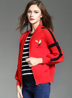 Causal Hit Color Embroidered Stand Collar Coat
