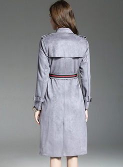 Suede Striped Belt Long Sleeve Trench Coat