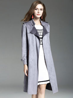 Suede Striped Belt Long Sleeve Trench Coat
