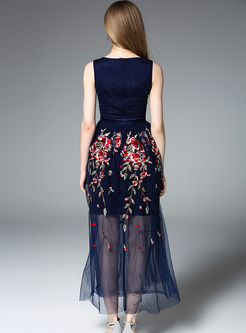 Sleeveless Patch Embroidery Maxi Dress