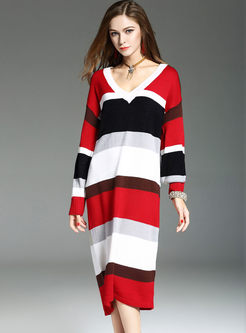 Causal Colorful Striped V-neck Knitted Dress