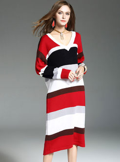 Causal Colorful Striped V-neck Knitted Dress