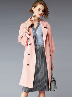 Pink Stylish Long Sleeve Slit Trench Coat
