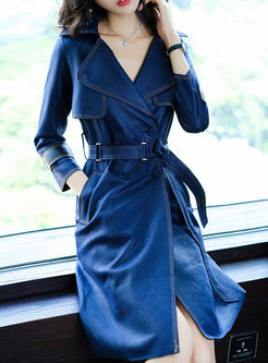 Blue Chic Suede Turn Down Collar Belt Trench Coat
