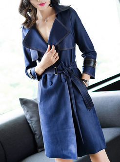 Blue Chic Suede Turn Down Collar Belt Trench Coat