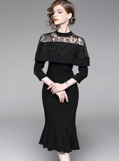 Black Sexy Lace Splicing Stand Collar Mermaid Dress