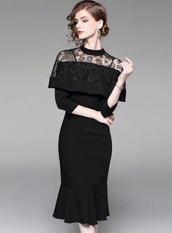 Black Sexy Lace Splicing Stand Collar Mermaid Dress