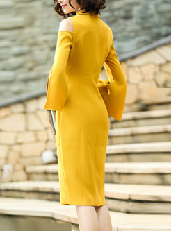 Yellow Off Shoulder Flare Sleeve Double-breasted Bodycon Dress