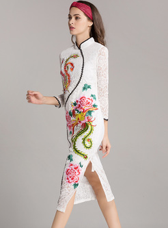 Elegant Embroidery Stand Collar Lace Bodycon Dress
