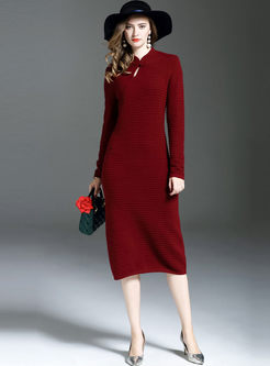 Vintage Stand Collar Long Sleeve Slit Knitted Dress