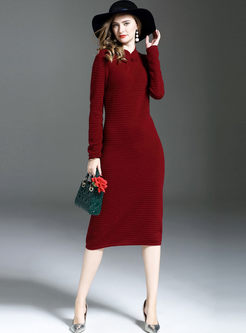 Vintage Stand Collar Long Sleeve Slit Knitted Dress