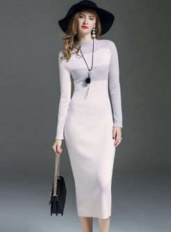 Brief Hit Color Long Sleeve Bodycon Knitted Dress
