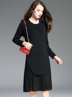 Black Stitching Long Sleeve Pleated Knitted Dress