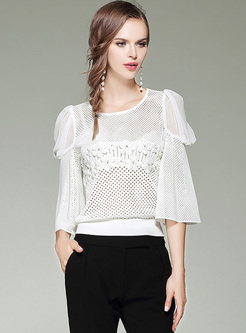 White Mesh Hollow Flare Sleeve Blouse