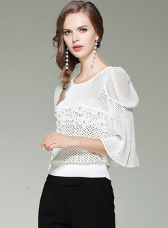 White Mesh Hollow Flare Sleeve Blouse