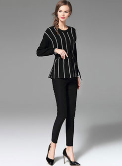 Striped Belt Jacquard Long Sleeve Knitted Sweater