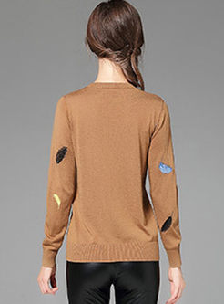 Feather Embroidered Long Sleeve Knitted Top