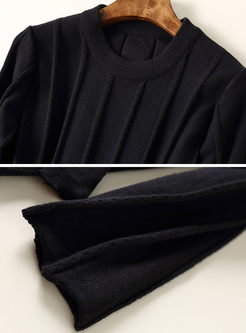 Black Long Sleeve Belt Knitted Dress