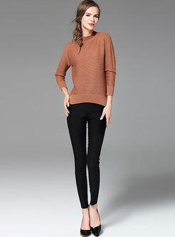 Fashionable Stand Collar Slit Long Sleeve Knitted Sweater