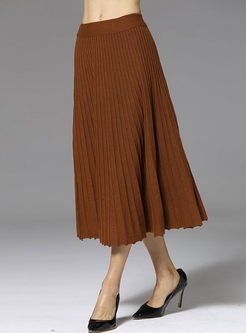 Brief Elastic Waist Knitted A-line Pleated Skirt