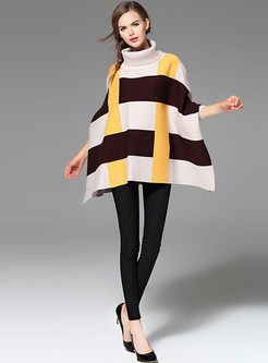 Stylish Hit Color Batwing Sleeve Turtle Neck Loose Sweater