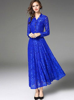 Elegant Blue V-neck Hollow Out Maxi Dress