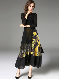 Black Fashion Print False Two-piece Maxi Dress