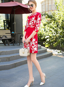 Red Floral O-neck Embroidery Skater Dress