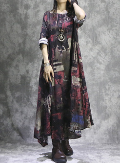 Vintage Multicolor Print Asymmetric Hem Maxi Dress