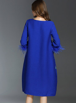Blue Stylish Fringe Print Lantern Sleeve Shift Dress