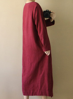 Wine Red Ethnic Loose Long Sleeve Shift Dress