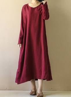 Wine Red Ethnic Loose Long Sleeve Shift Dress