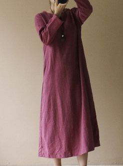 Rose Pink Casual Long Sleeve O-neck Shift Dress