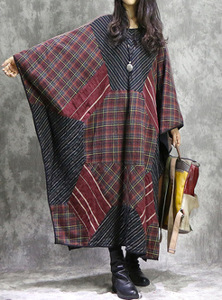 Vintage Grid Color-blocked Bat Sleeve Maxi Dress