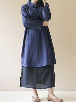 Blue Vintage Button-detail Stand Collar Shift Dress