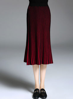Red Vintage Striped Slim Knitted Pleated Skirt