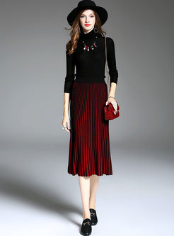 Red Vintage Striped Slim Knitted Pleated Skirt