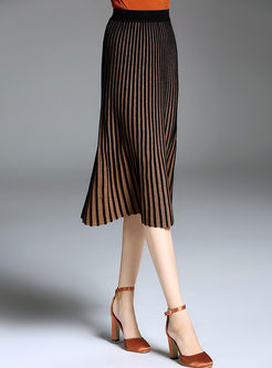 Brown Vintage Striped Slim Knitted Pleated Skirt