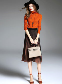 Brown Vintage Striped Slim Knitted Pleated Skirt
