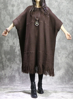 Brown Oversized Bat Sleeve Tassel Knitted Dress