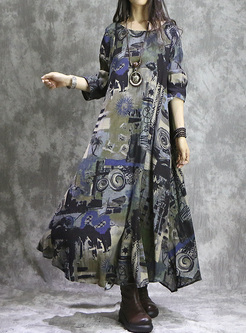 Vintage Multicolor Print Asymmetric Hem Maxi Dress