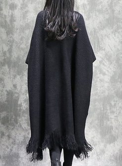 Black Oversized Bat Sleeve Tassel Knitted Dress