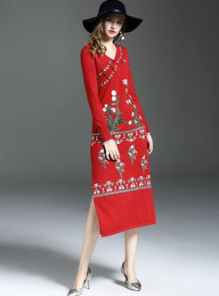 Ethnic V-neck Embroidered Slit Long Sleeve Knitted Dress