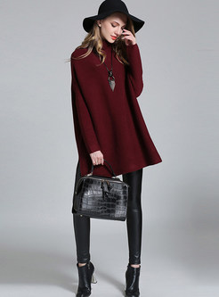 Wine Red Casual Pure Color Turtle Neck Sweater