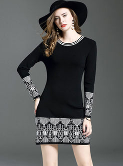 Hit Color Splicing Long Sleeve Bodycon Knitted Dress